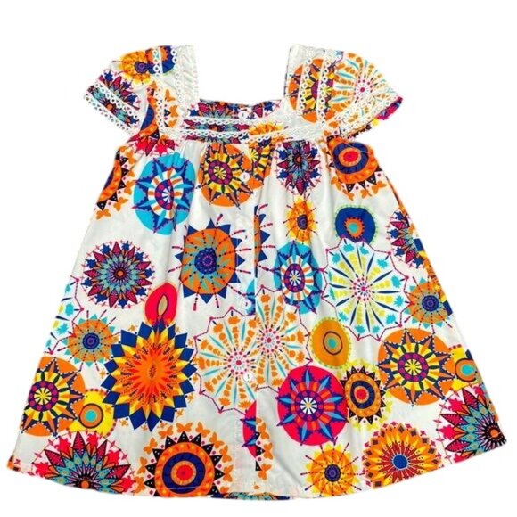 Floral Princess Toddler Girl Dress 4 Bohemia Button Lace Sleeveless Sunflower - Picture 2 of 7